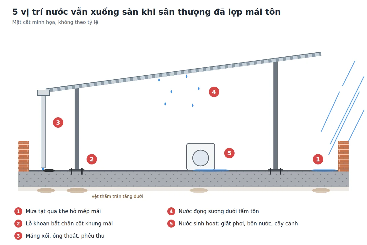 5 vị trí nước vẫn xuống sàn khi sân thượng lợp mái tôn: mưa tạt, chân cột, máng xối, đọng sương, nước sinh hoạt
